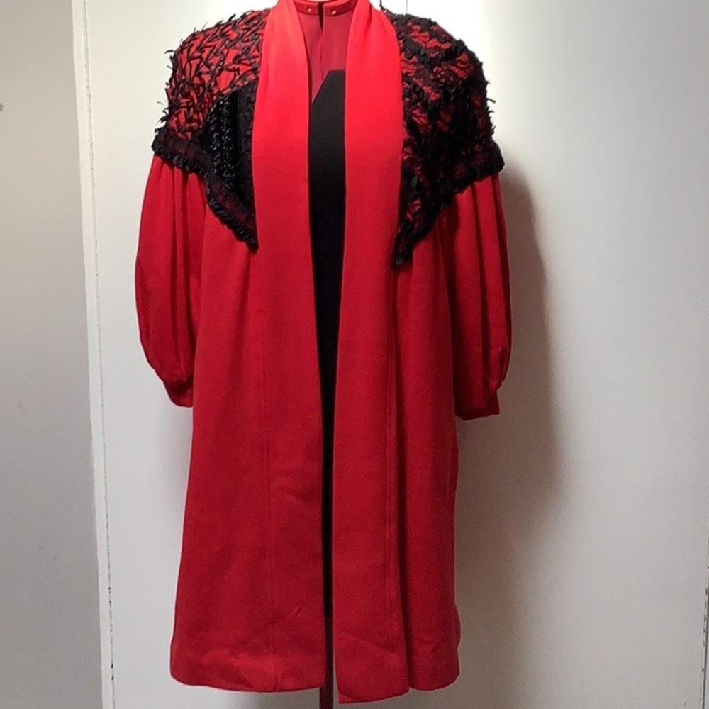 Vintage Sachi New York Long Red Black Lace Open Front Duster Robe Jacket O/S